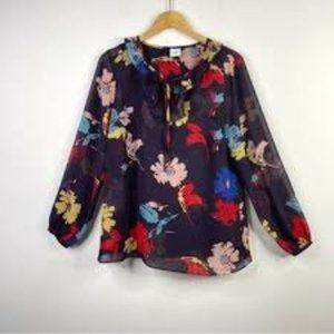 CAbi Juliet Aubergine Sheer Floral Ruffled Floral Flowy Blouse Top